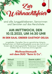 Einladung zur Seniorenweihnachtsfeier am Mittwoch, den 10.12.2025 um 14:30 Uhr in den Gasthof Oelsa, Hauptstr. 3, 01734 Oelsa