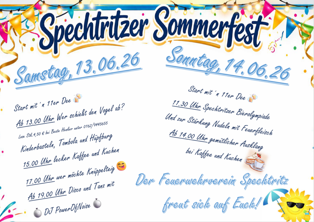 Spechtritzer Sommerfest am 13.-14.06.2026, ein Ortsteil der Stuhlbauerstadt Rabenau in Sachsen
