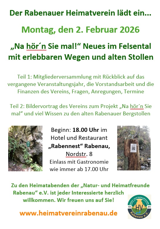Heimatabend des Rabenauer Heimatvereins am 02. Februar 2026 im Rabennest Rabenau