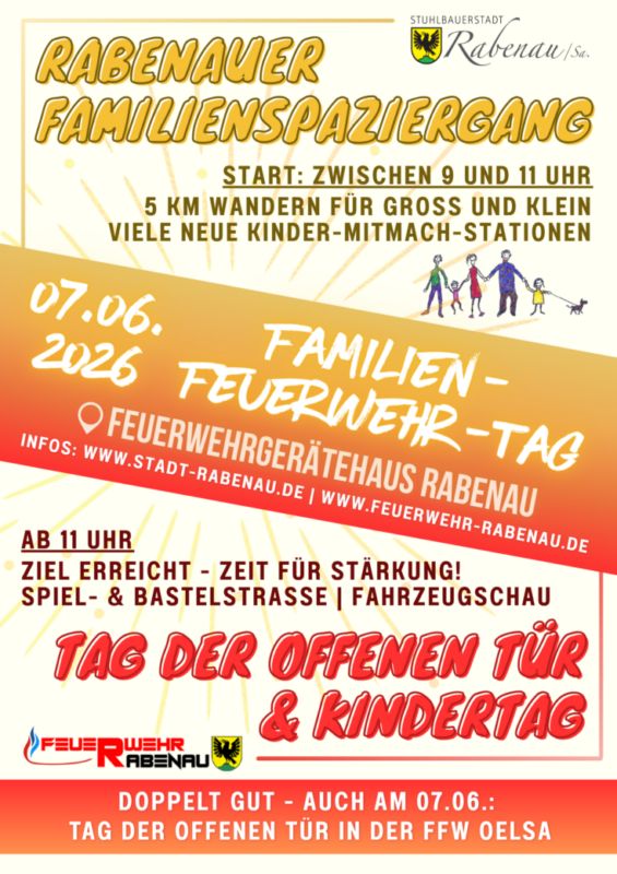 Familien-Feuerwehr-Tag am 07. Juni 2026 mit Rabenauer Familienspaziergang und Tag der offenen Tür in der Feuerwehr Rabenau, mitten in der Stuhlbauerstadt Rabenau