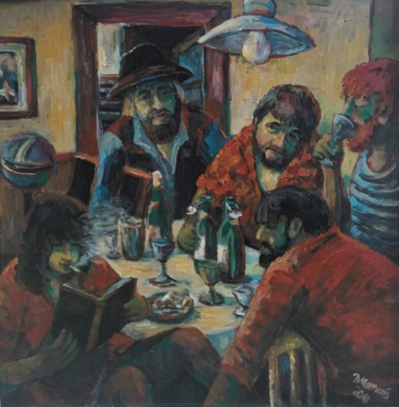 Das Bild stellt eine Szene in einer Neustädter Kneipe - Das gelbe U-Boot- , einem beliebten Künstlertreff, dar. Abgebildet ist Dieter Mattheus (mit Hut) im Kreise seiner Dresdner Künstlerfreunde: Mutscher + Freundin, Plenkers und Zille.