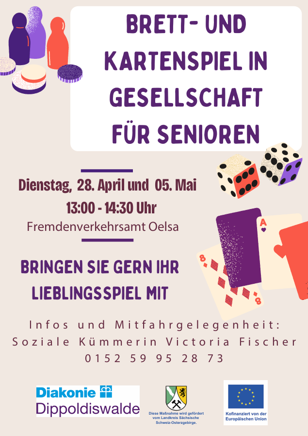 Brett- und Kartenspiel in Gesellschaft für Senioren am 28. April und 05. Mai im Fremdenverkehrsamt Haus des Gastes Oelsa.
