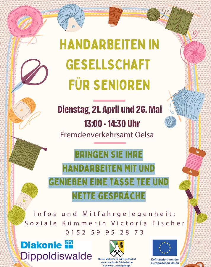 Die soziale Kümmerin von Rabenau und Ortsteilen bietet "Handarbeiten in Gesellschaft" an. Dafür bringt jeder seine eigenen Handarbeiten mit. Die Termine sind Dienstag, der 21.04.. und 26.05. jeweils um 13:00 bis 14:30 Uhr im Fremdenverkehrsamt Haus des Gastes Oelsa, Hauptstr. 3, 01734 Oelsa.